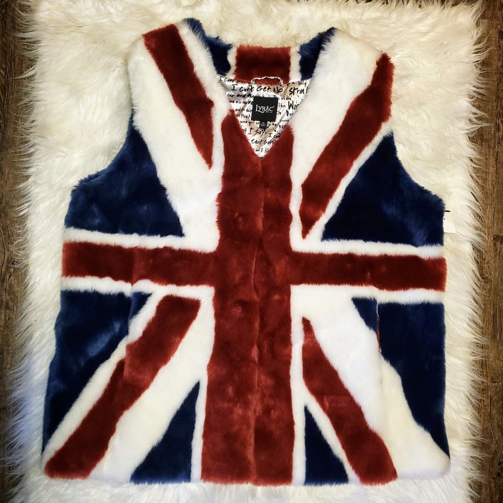NWT Lyric British Flag Faux Fur Vest
